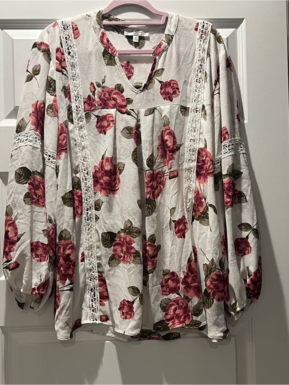 Moa Moa White Blouse with Pink Rose Print and Lace Trim